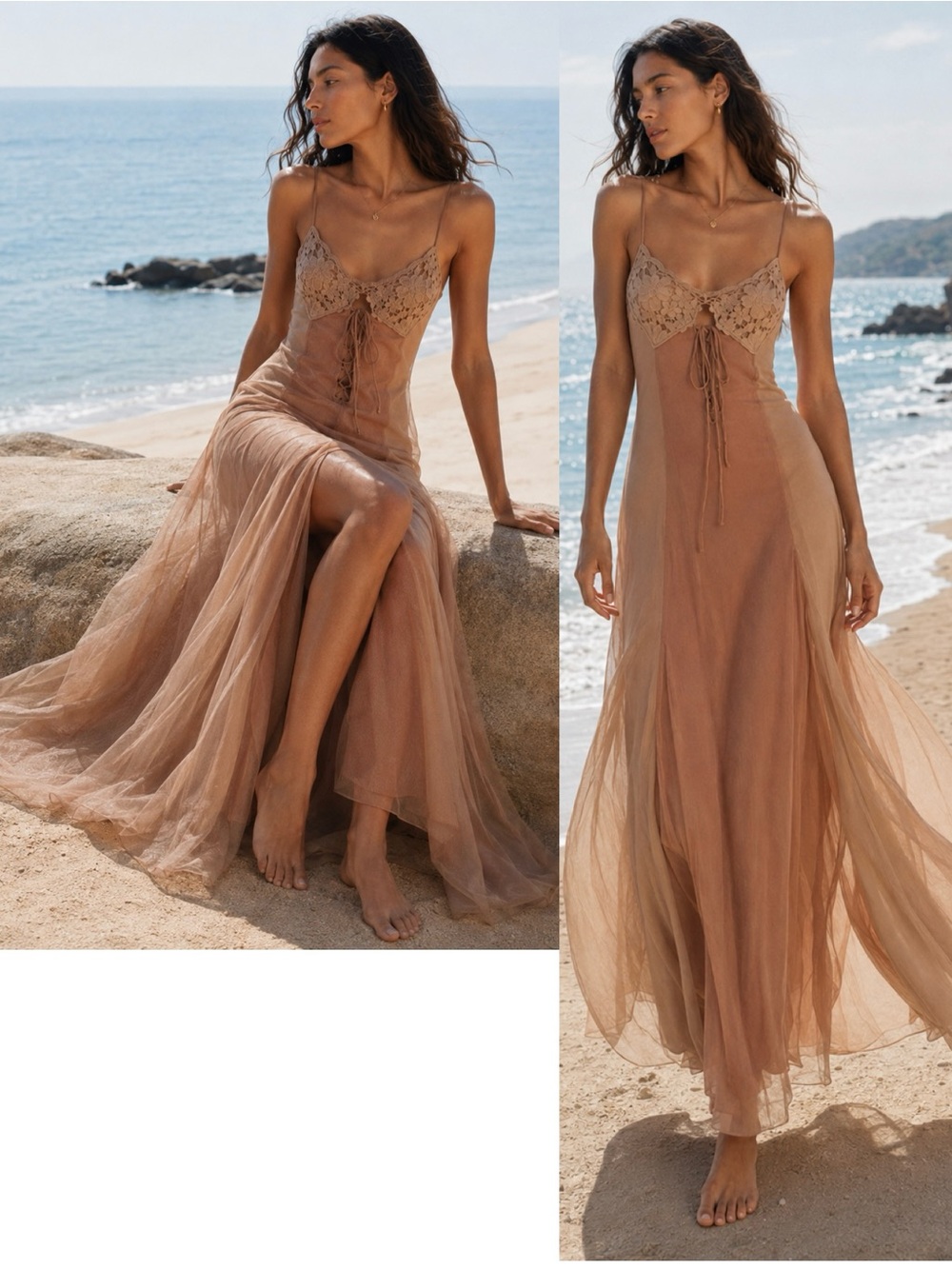 ZARA Lace Bust Sheer Maxi Dress Taupe Brown Size L NWT Resort Beach Boho
